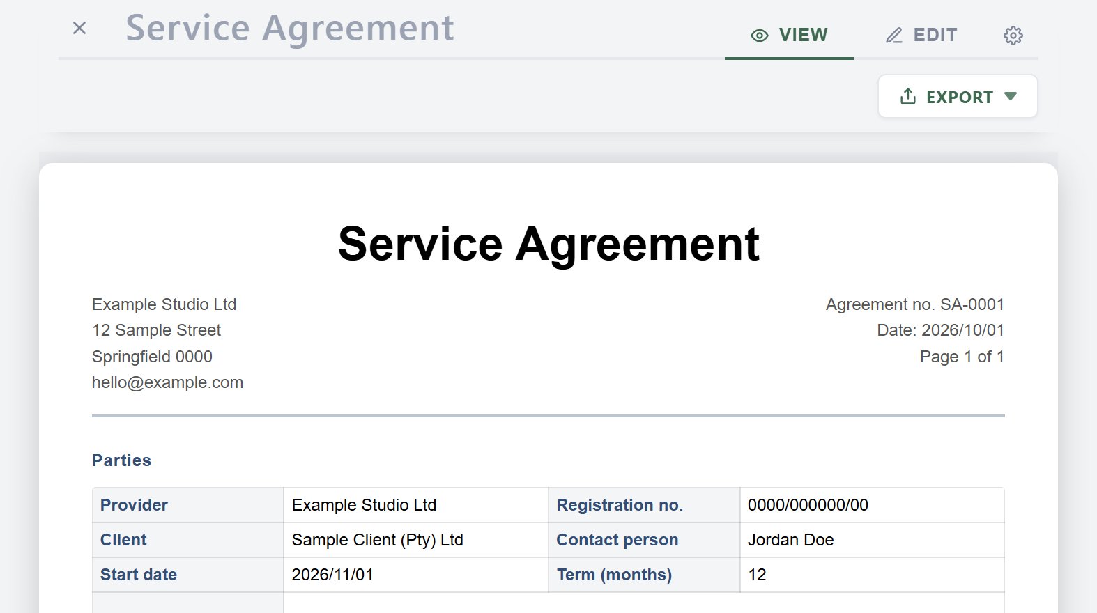 A service agreement in Pulp Docs with a letterhead, address columns and a parties table.
