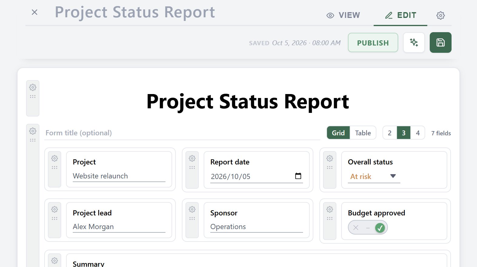 Editing a form in Pulp Docs: text, date, option list and toggle fields in a three-column grid.